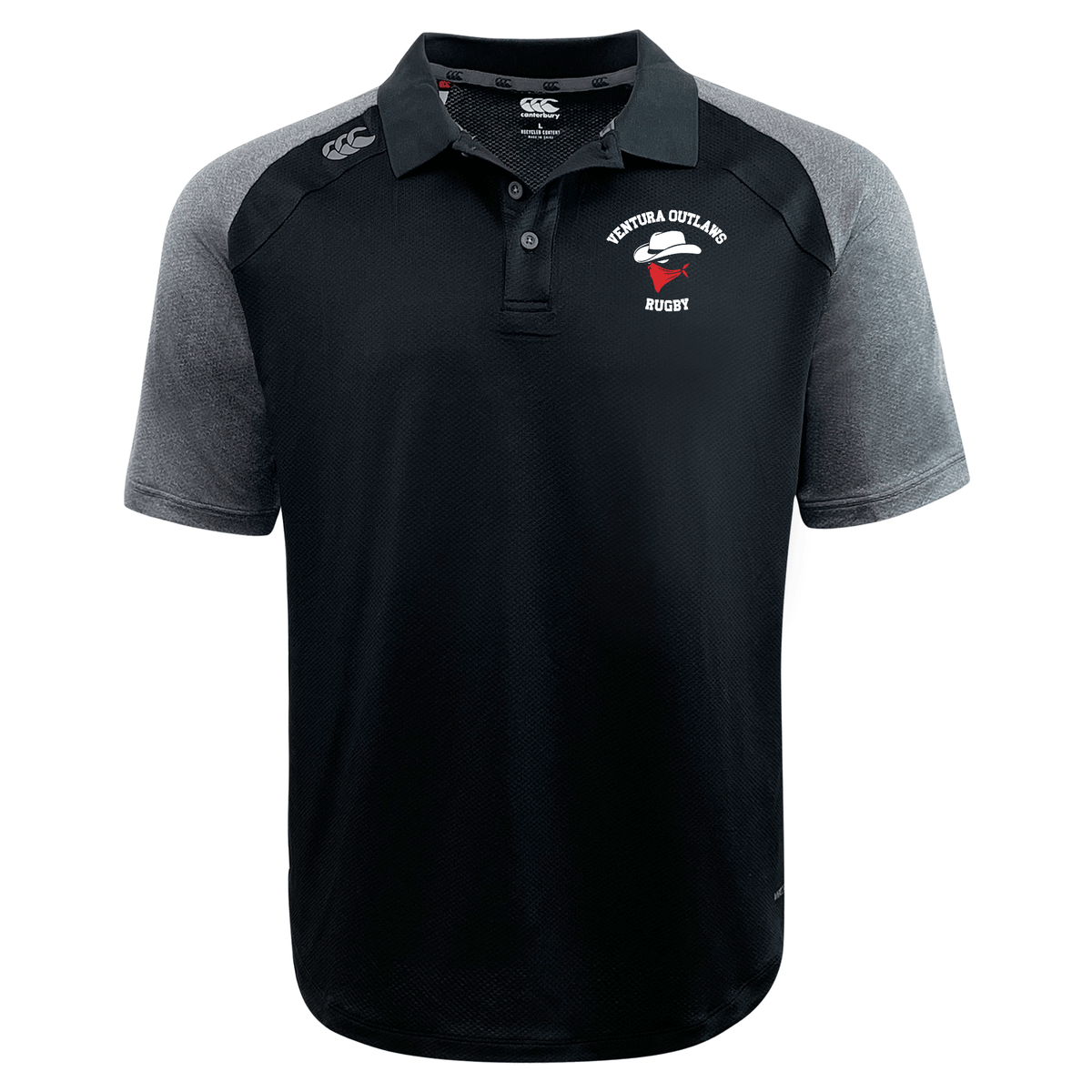 The Ventura Outlaws Rugby Elite Polo by Canterbury, offered by EMB Canterbury, is a black and gray short-sleeve rugby polo shirt featuring a collar and three buttons. This lightweight polo is crafted with Vapodri fabrics for moisture-wicking comfort and displays the "Ventura Outlaws Rugby" logo and text on the left chest.