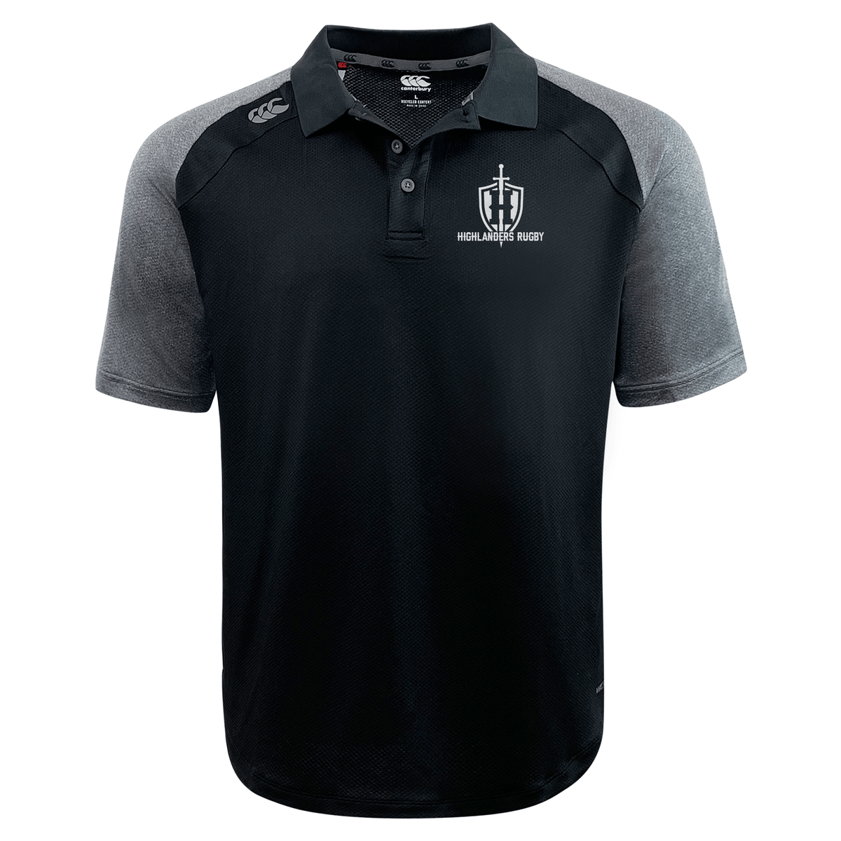 Introducing the Highlanders Rugby NC Elite Polo by EMB Canterbury, a stylish black and gray short-sleeve rugby shirt featuring a logo on the chest. Made from lightweight and durable Vapodri fabrics, this polo ensures comfort and performance both on and off the field.