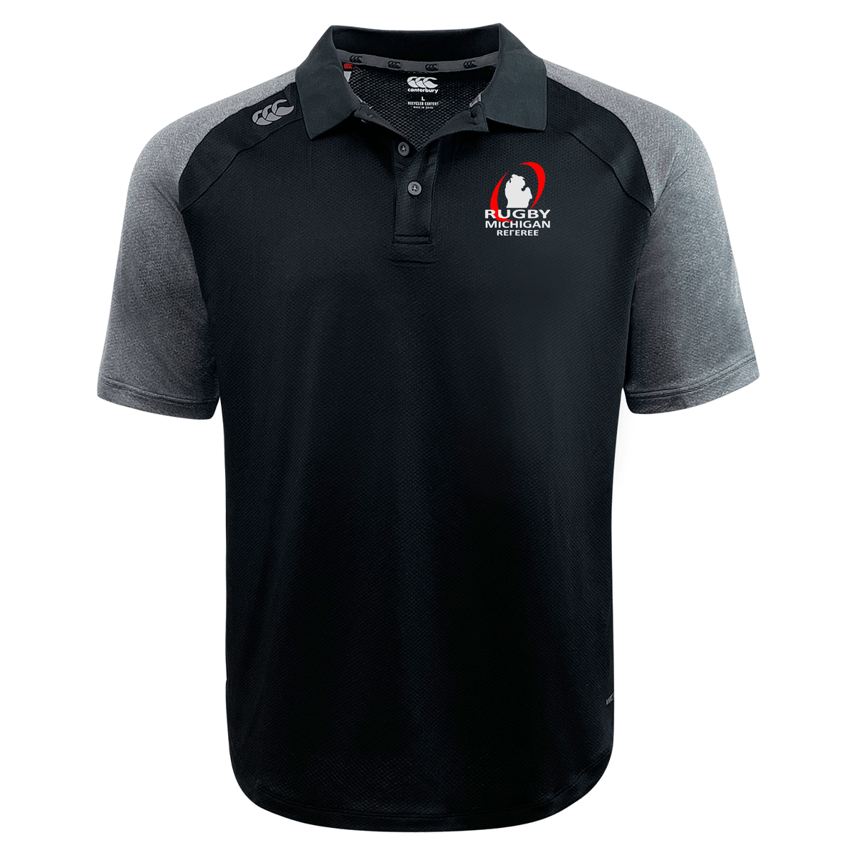 Introducing the Rugby Michigan Referee Society Elite Polo by EMB Canterbury, a lightweight and durable black and gray shirt featuring the "Rugby New York" logo on the chest. Crafted with advanced Vapodri fabrics, it keeps you comfortable while showcasing your team pride.