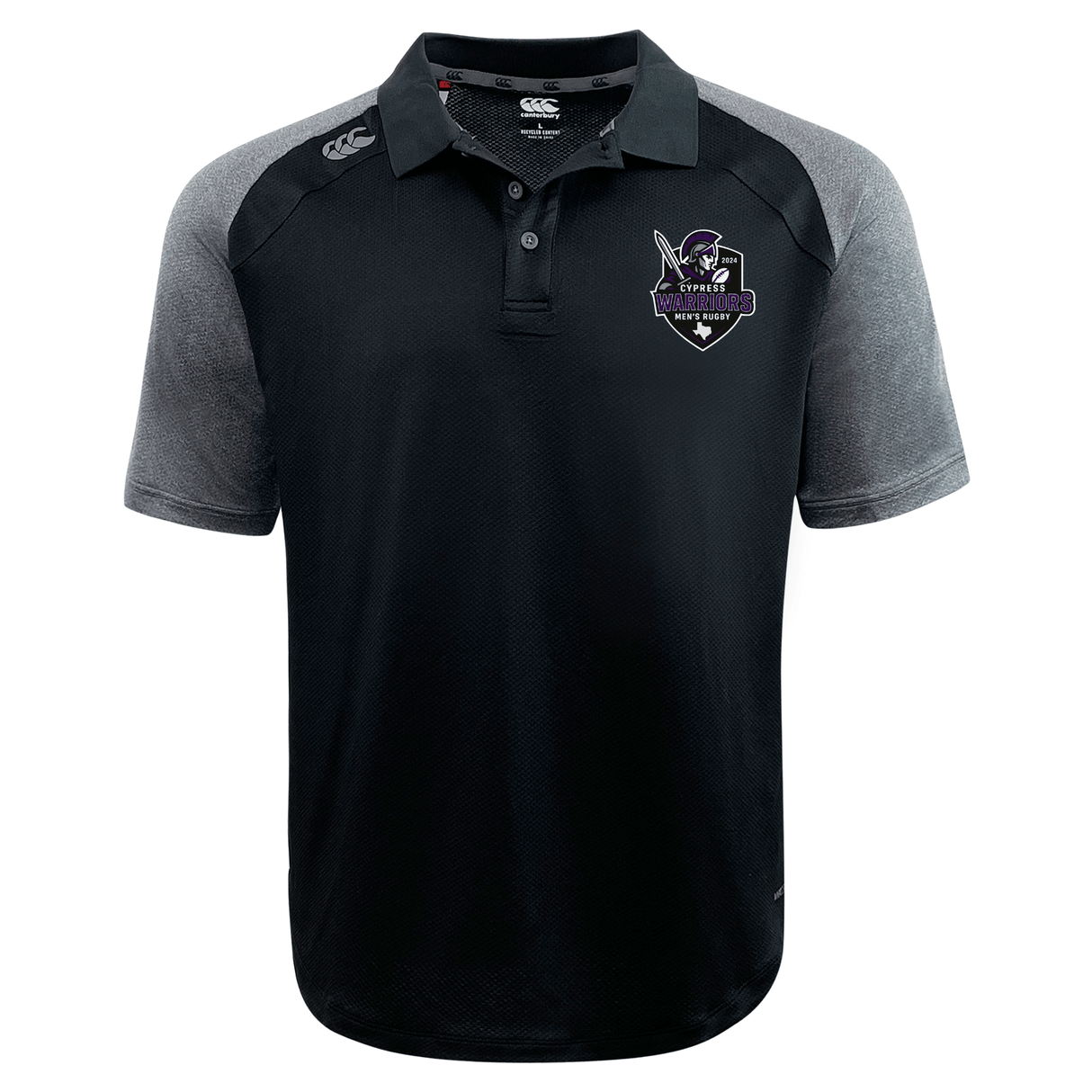 The Cypress Warriors Men's Rugby Elite Polo by EMB Canterbury features black and gray short sleeves, lightweight Vapodri fabric, a pirate team logo on the left chest, and a small brand logo on the right shoulder.
