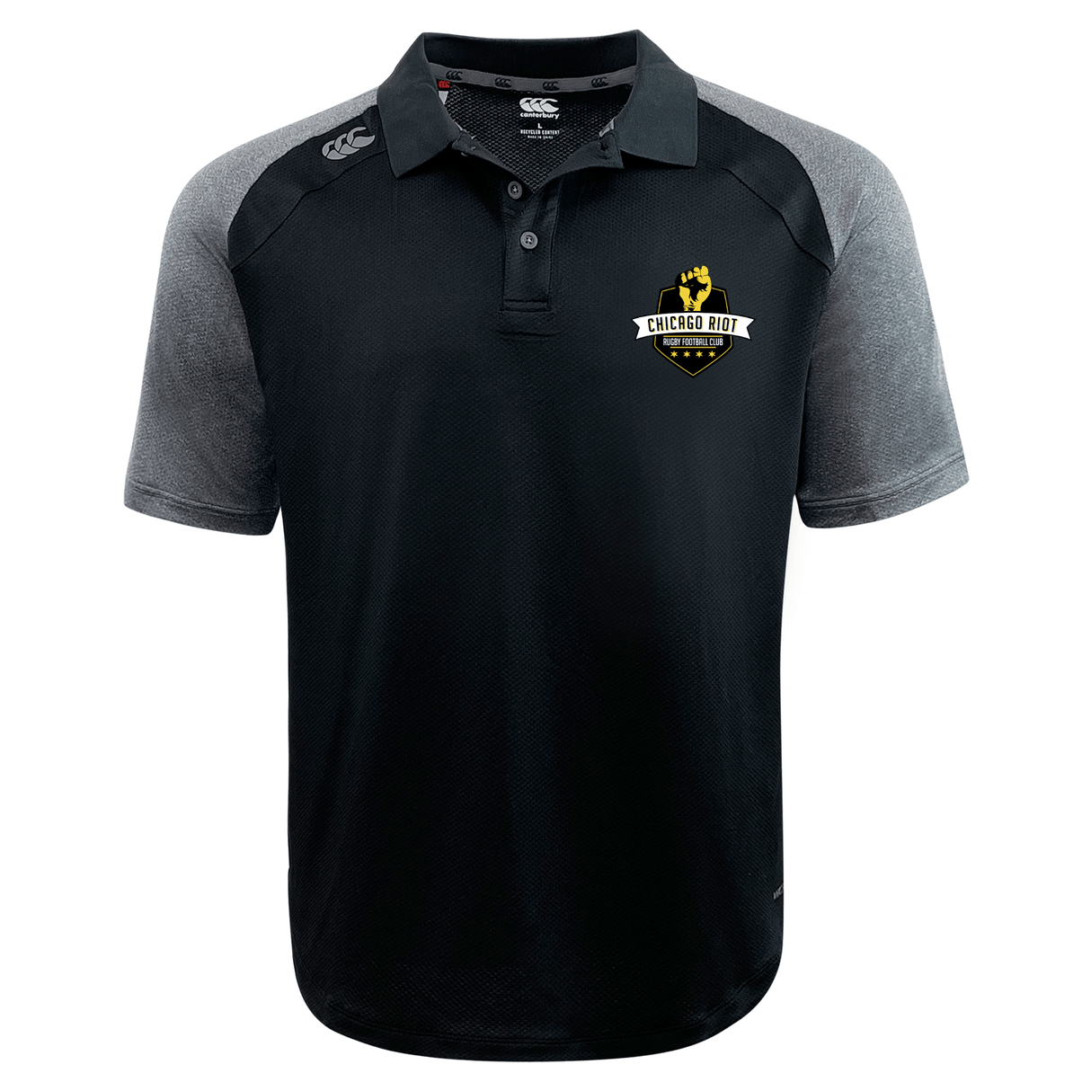 The Chicago Riot Elite Polo by EMB Canterbury features a black and gray design, "Chicago Riot Rugby" left chest logo, and is made from lightweight, durable Vapodri fabric for comfort and performance.