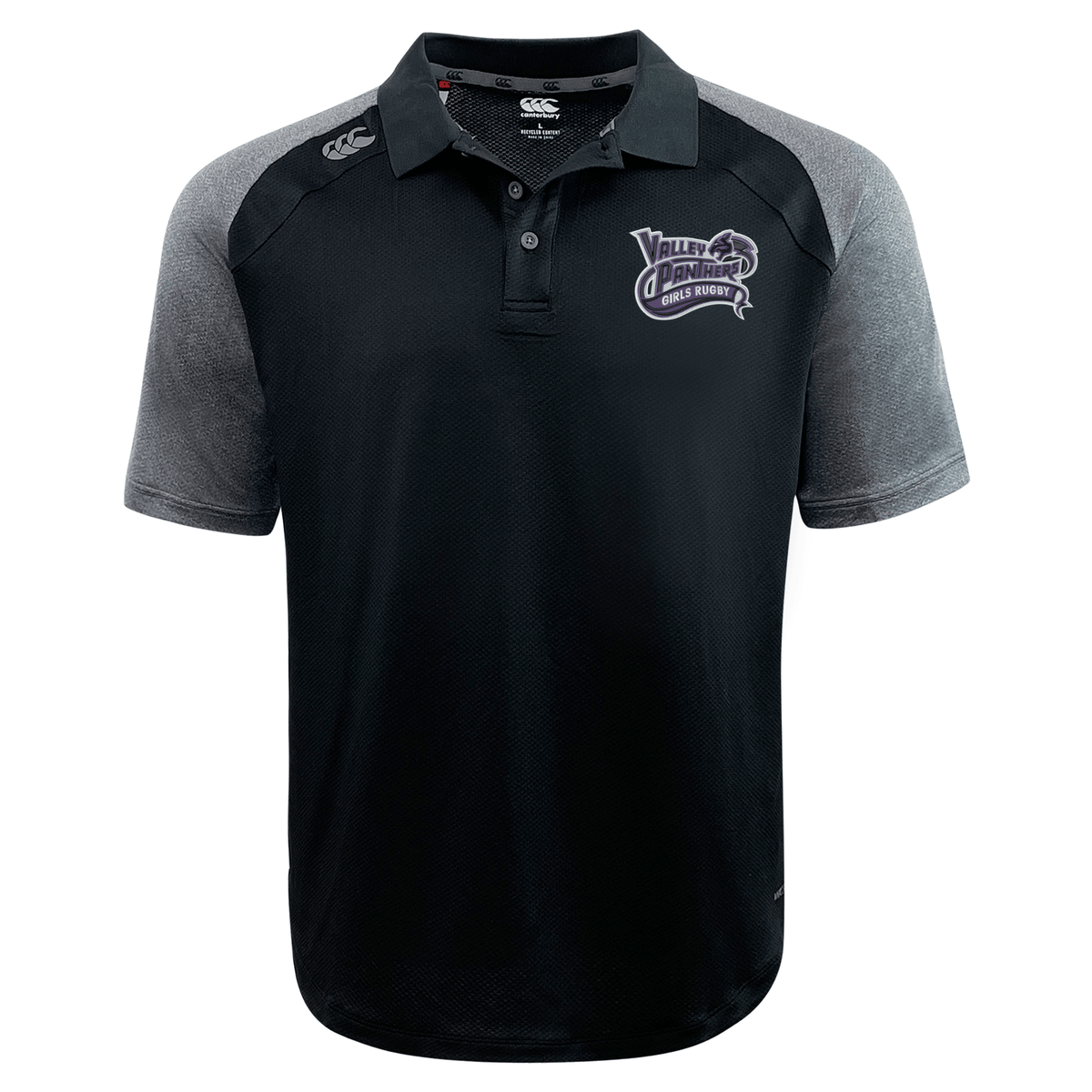 Valley Panthers Girls Rugby Elite Polo by Canterbury in black and gray, featuring a “Valley Almonds” logo on the left chest and a small white EMB Canterbury logo on the right shoulder. Made with lightweight, durable Vapodri fabric for optimal comfort and performance.