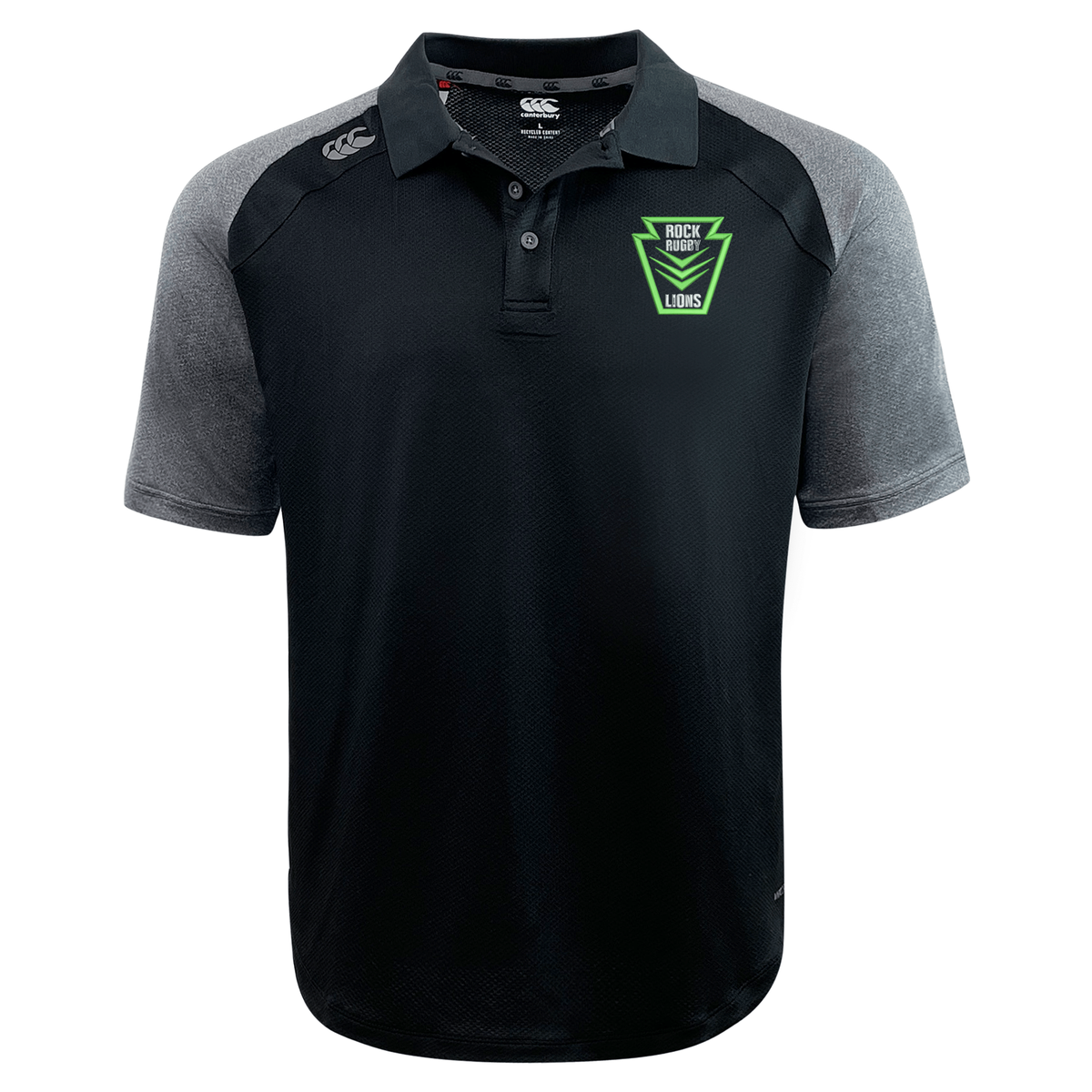 Rock Rugby Elite Polo by Canterbury in black with grey short sleeves, a buttoned collar, and a green Rock Rugby Lions logo on the chest.