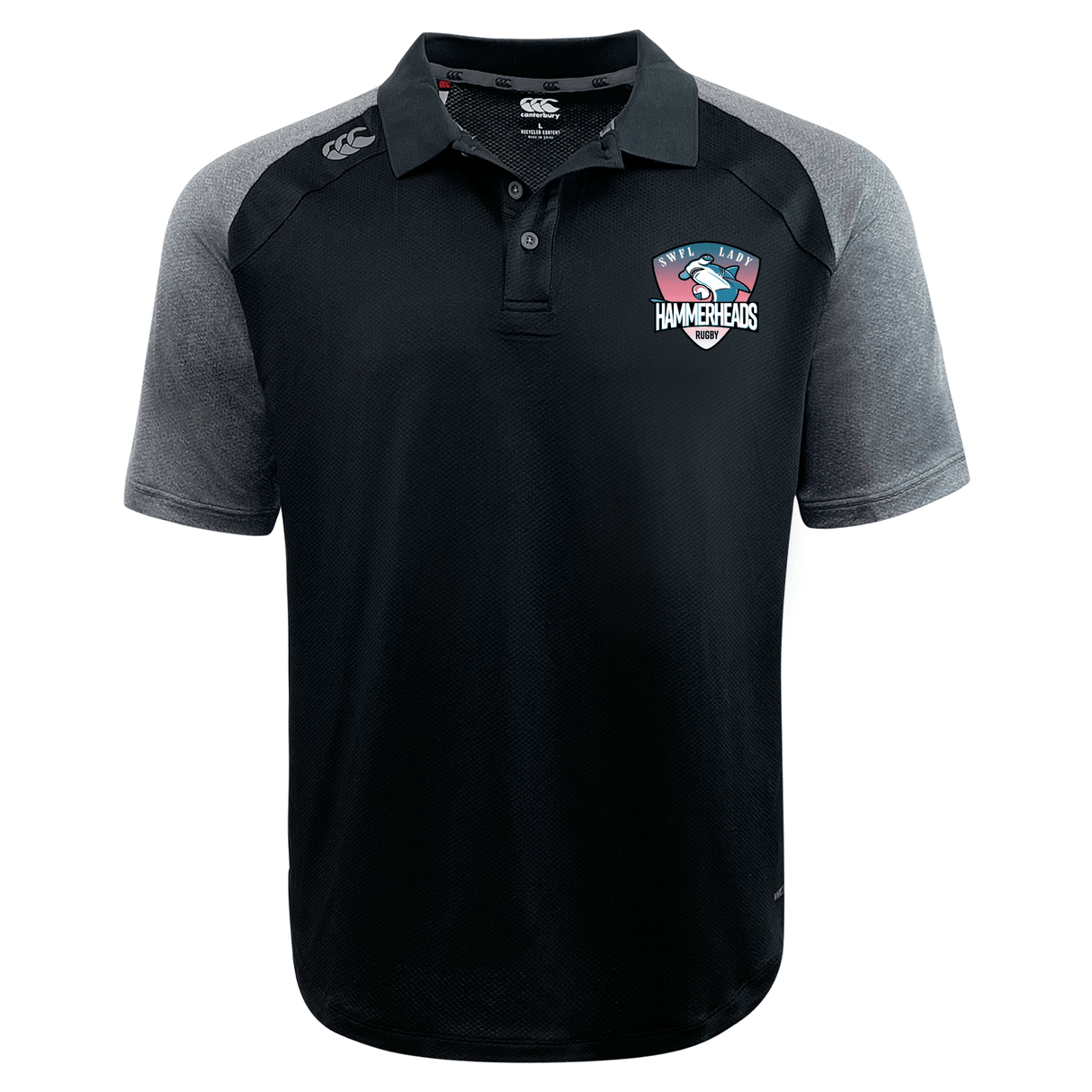 The SWFL Lady Hammerheads Elite Polo by WRS Canterbury is a black and gray short-sleeve shirt featuring the "Hammerheads" logo on the chest, "CCC" on the shoulder, and Vapodri fabric for superior moisture wicking and comfort.