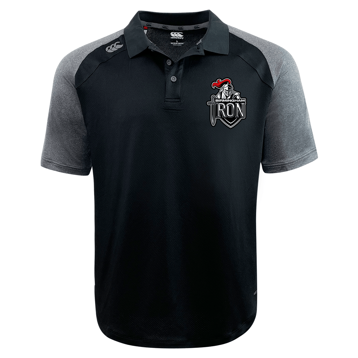 The Birmingham Iron Women's Football Elite Polo by EMB Canterbury features black and gray Vapodri fabric, a collar, branded logo on the left chest, and a small logo on the right shoulder.