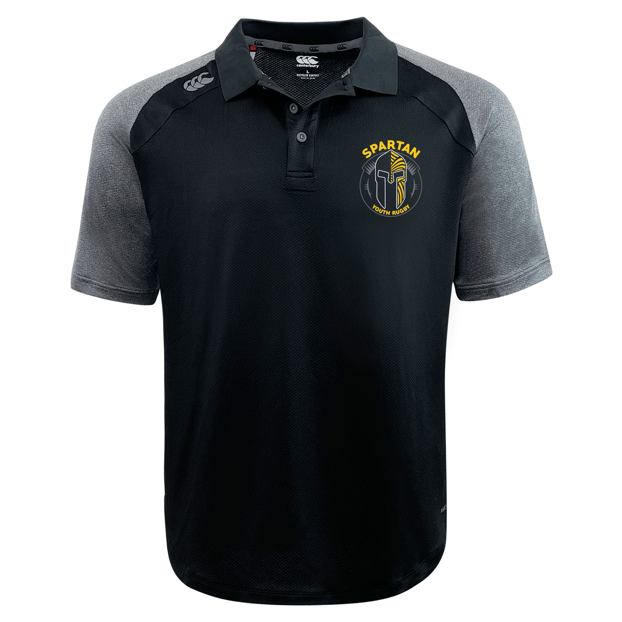 The Spartan Youth Rugby Elite Polo by EMB Canterbury features lightweight Vapodri fabric, a "Spartan Football" logo on the left chest, and Canterbury branding on the right chest and left shoulder. Black and gray color scheme.