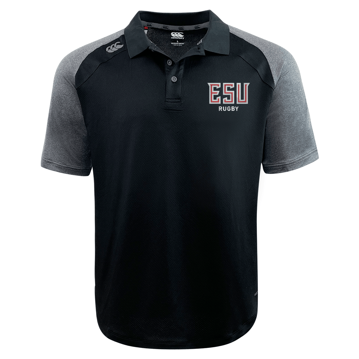 The East Stroudsburg University Elite Polo by EMB Canterbury features lightweight, durable Vapodri fabric, a black and gray design, the "ESU Rugby" logo on the left chest, and the "CCC" logo on the right shoulder.