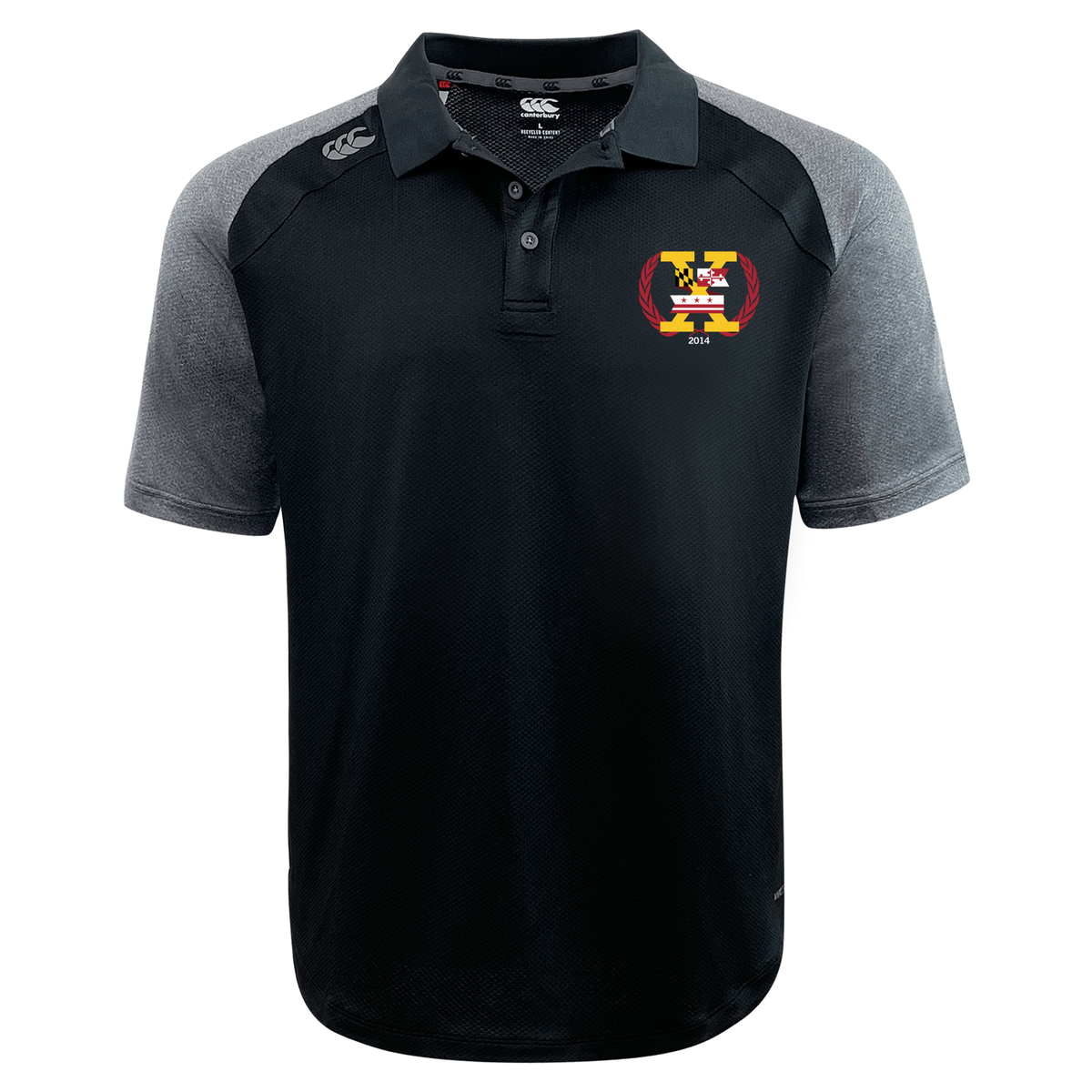 Potomac Exiles Rugby Club Elite Polo by EMB Canterbury, featuring black and gray short sleeves, a multicolored "H" emblem with "2014" on the left chest, and crafted from lightweight, durable Vapodri fabrics. Displayed against a plain white background.