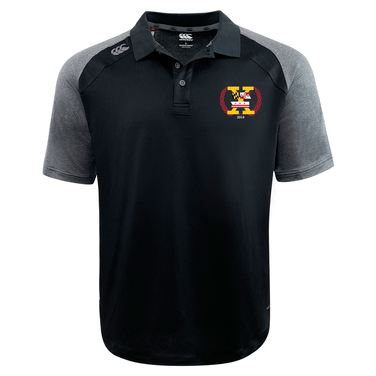 Potomac Exiles Rugby Club Elite Polo by EMB Canterbury, featuring black and gray short sleeves, a multicolored "H" emblem with "2014" on the left chest, and crafted from lightweight, durable Vapodri fabrics. Displayed against a plain white background.
