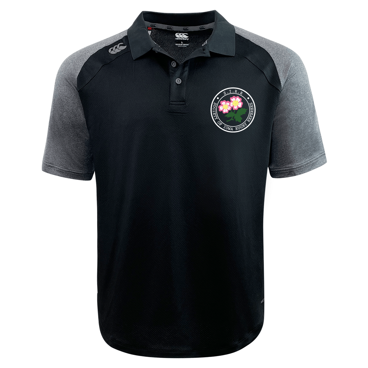 The Society of Iowa Rugby Referees Elite Polo by EMB Canterbury is a black and gray short-sleeve shirt crafted with Vapodri fabrics for lightweight durability. It features a floral emblem on the left chest and a small Canterbury logo on the right shoulder, shown against a white background.