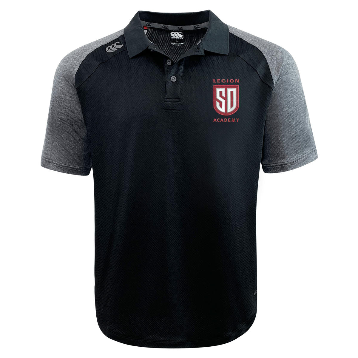Legion Academy Elite Polo by Canterbury in black with grey raglan sleeves and a red and white “Legion Academy SD” logo on the chest.