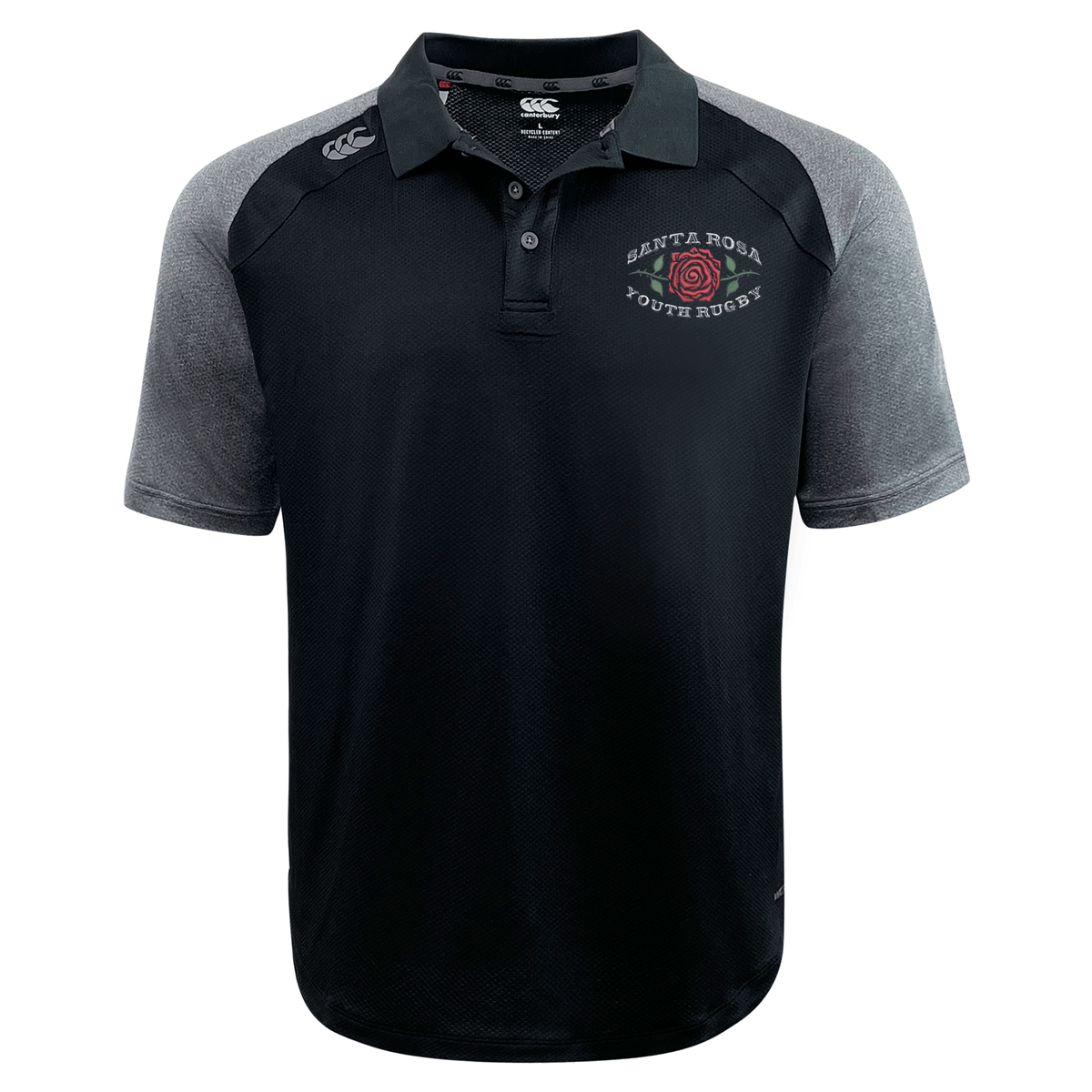 Black and gray short-sleeve Santa Rosa Youth Rugby Elite Polo by Canterbury featuring “Santa Rosa Youth Rugby” and a red rose logo on the left chest. Crafted by EMB Canterbury with Vapodri fabric, this custom-made polo ensures comfort and performance both on and off the field.