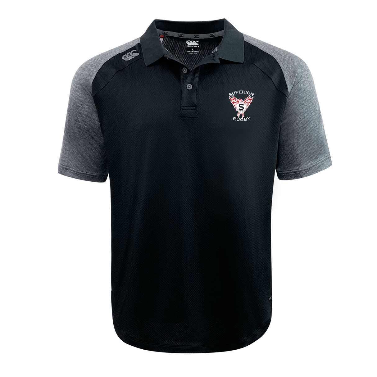 The Superior Rugby Club Elite Polo by EMB Canterbury is a black and grey short-sleeve rugby shirt with moisture-wicking Vapodri fabric, "Superior Rugby" logo on the left chest, and Canterbury logo on the right shoulder.
