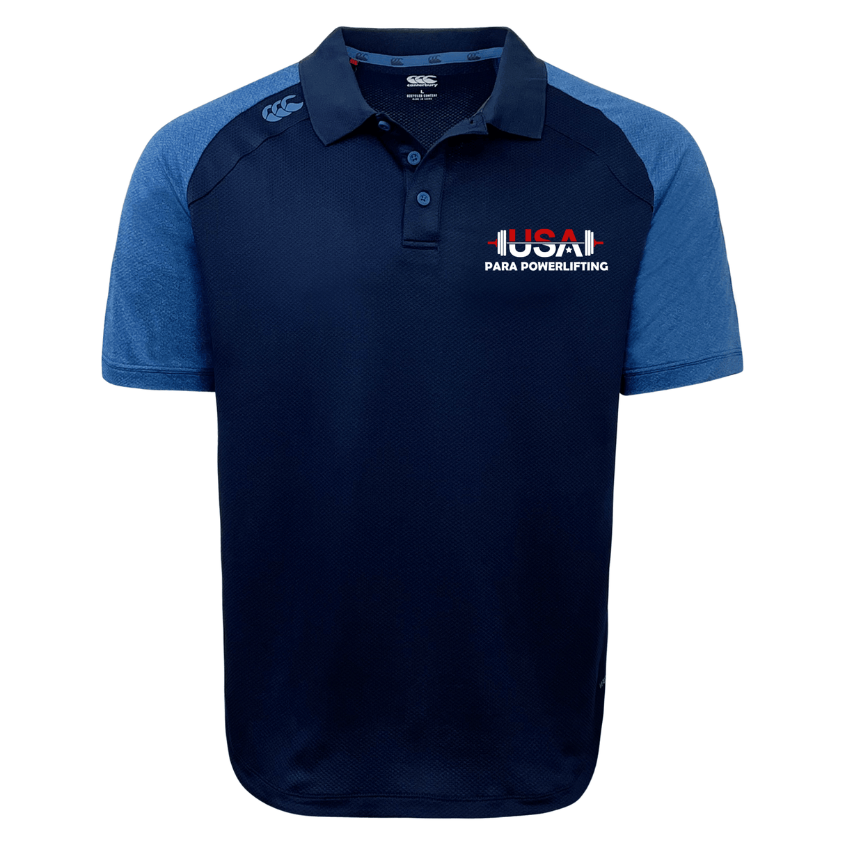 The USA Para Powerlifting Elite Polo by EMB Canterbury features navy and light blue Vapodri fabric, lightweight durable construction, a "USA Para Powerlifting" logo on the left chest, and a "CCC" logo on the right shoulder.