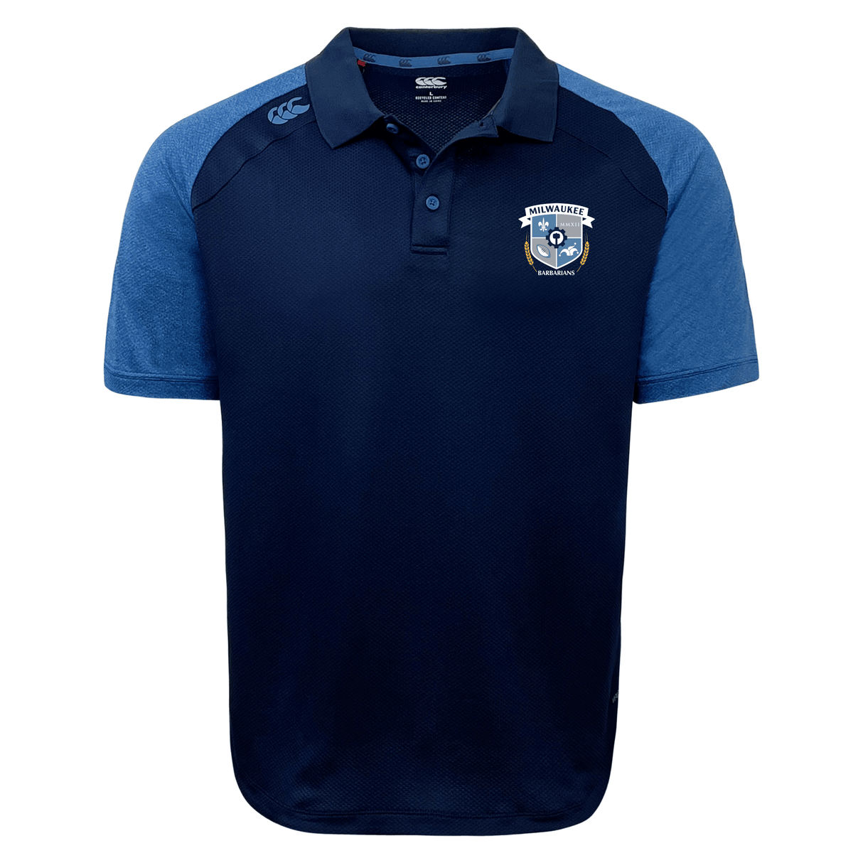 The Milwaukee Barbarians Rugby Elite Polo by EMB Canterbury is a navy and light blue short-sleeve shirt with a collar, button placket, moisture-wicking Vapodri fabric, and the team logo on the left chest.
