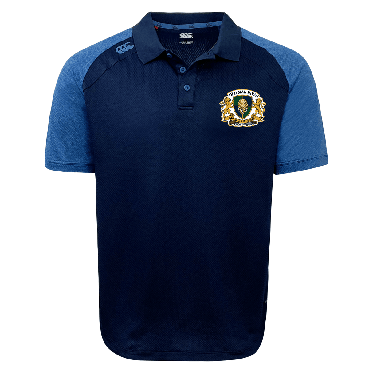The Old Man Rivah Rugby Elite Polo by EMB Canterbury features navy and light blue short sleeves, a collar, and an embroidered lion crest with "Old Man Rugby." Made from lightweight Vapodri fabric for comfort.