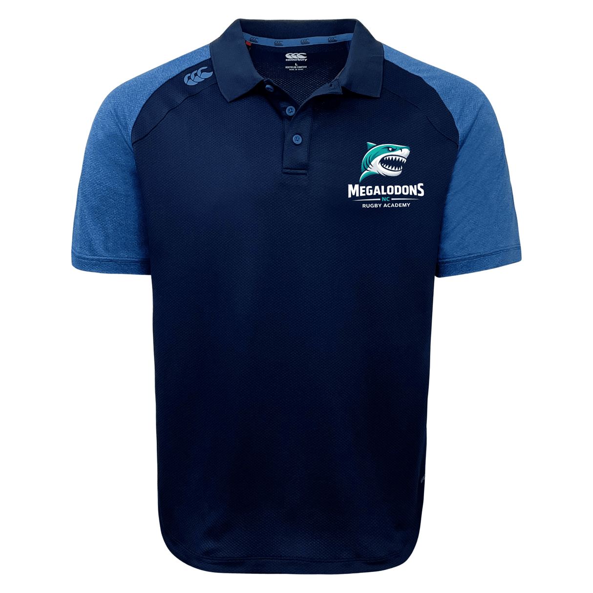 The EMB Canterbury NC Rugby Academy - Megalodons Elite Polo features navy and blue short sleeves, a "MEGALODONS RUGBY ACADEMY" logo with shark graphic on the left chest, and moisture-wicking Vapodri fabric for comfort.