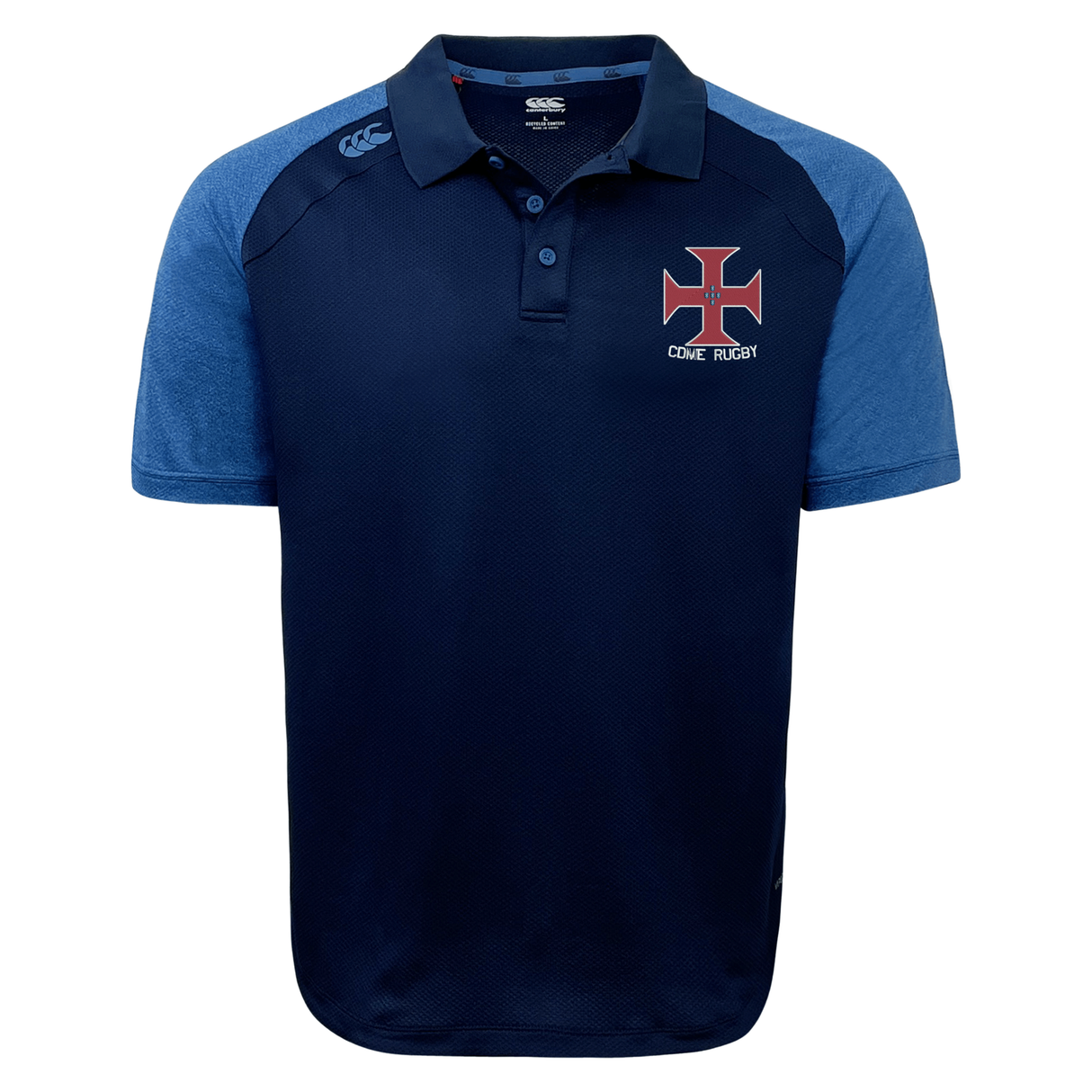 SF CDME Rugby Elite Polo by Canterbury—crafted by EMB Canterbury in navy and blue with short sleeves, custom made using advanced Vapodri fabrics, and featuring a red cross emblem alongside “CDME RUGBY” text on the left chest.