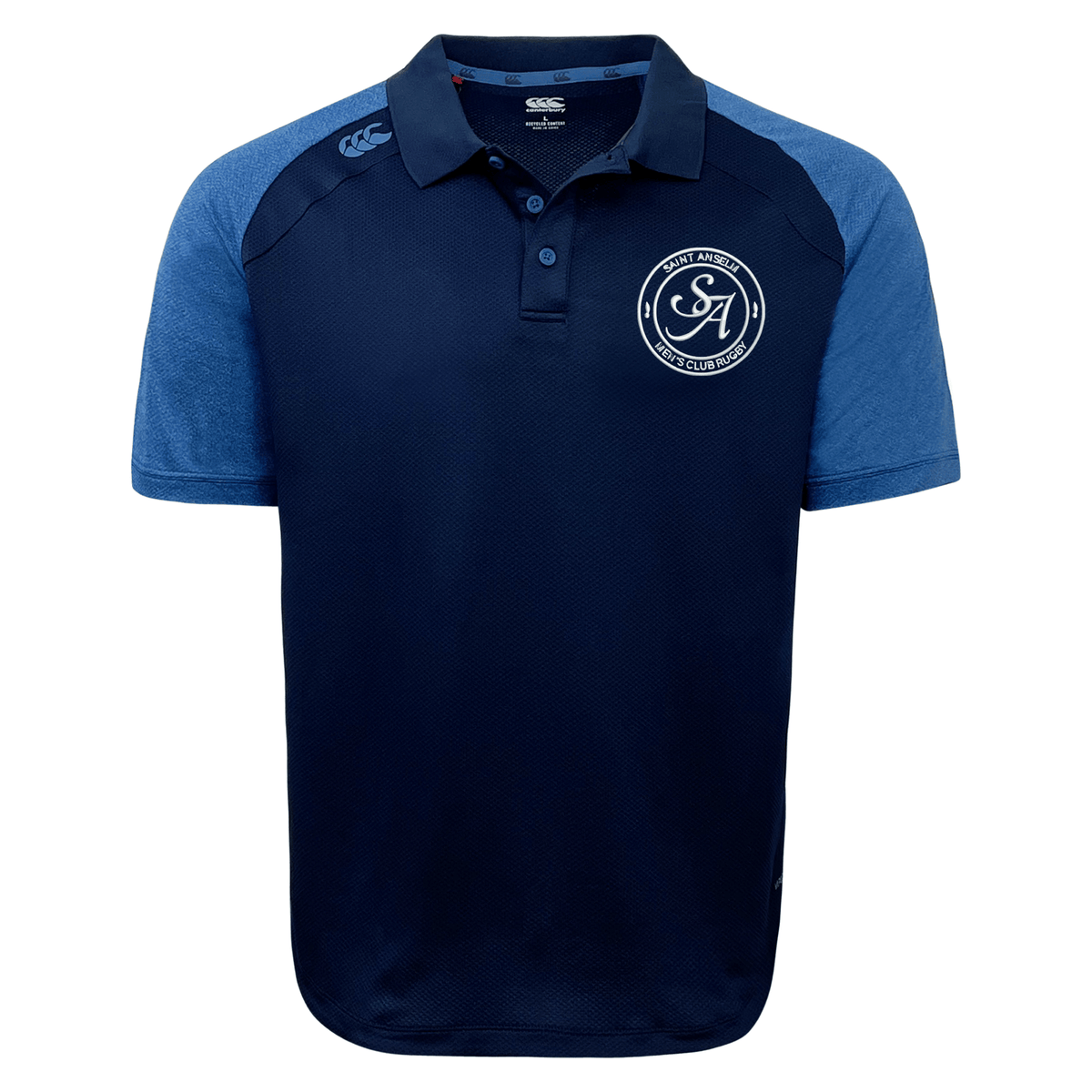 The Saint Anselm College Club Rugby Elite Polo by EMB Canterbury features navy and light blue short sleeves, a button-up collar, and a white circular "A" logo. Made with Vapodri fabric for moisture wicking and all-day comfort.