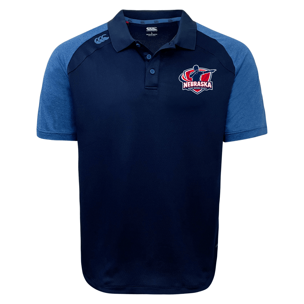 The Nebraska Rugby Referee Society Elite Polo by EMB Canterbury, made from Vapodri fabric for comfort, features a "Nebraska" logo on the chest and a Canterbury logo on the shoulder.