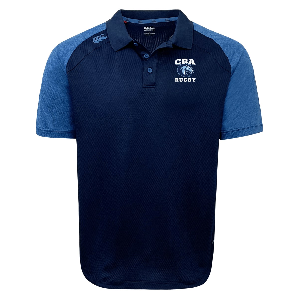 The Christian Brothers Academy Rugby Elite Polo by EMB Canterbury is a navy rugby polo with lighter blue sleeves, crafted from lightweight Vapodri fabric. It features "CBA Rugby" text and a logo on the chest, embodying the classic style of a Canterbury Elite Polo.
