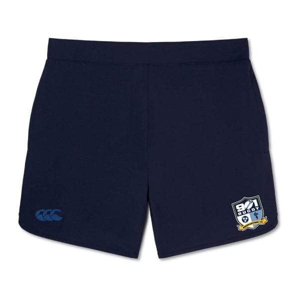 Discover the 901 Rugby Women's Elite Woven Short by EMB Canterbury in navy blue, offering lightweight comfort and durability. Adorned with a small logo on the lower left side and a Canterbury emblem on the right, these training shorts are ideal for all your athletic pursuits.