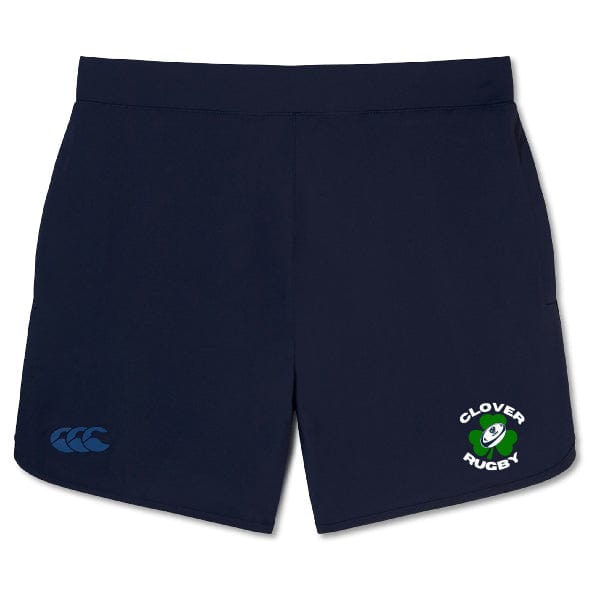 The Clover Blue Eagles Elite Woven Short by Canterbury, produced under the brand WRS Canterbury, are navy blue rugby shorts displaying the "Clover Rugby" logo and a unique emblem of a stylized green and blue rugby ball. These shorts blend style with athletic heritage.