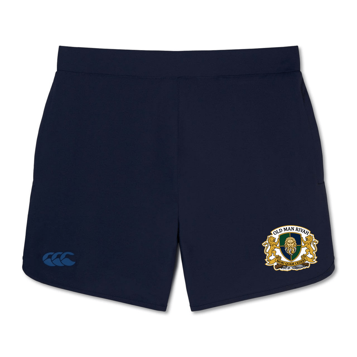 The Old Man Rivah Rugby Elite Woven Short by EMB Canterbury is a navy blue gym short with an embroidered lion crest and "Old Man Rivals" on the right leg, a blue Canterbury logo on the left, and handy zippered pockets—ideal for workouts.