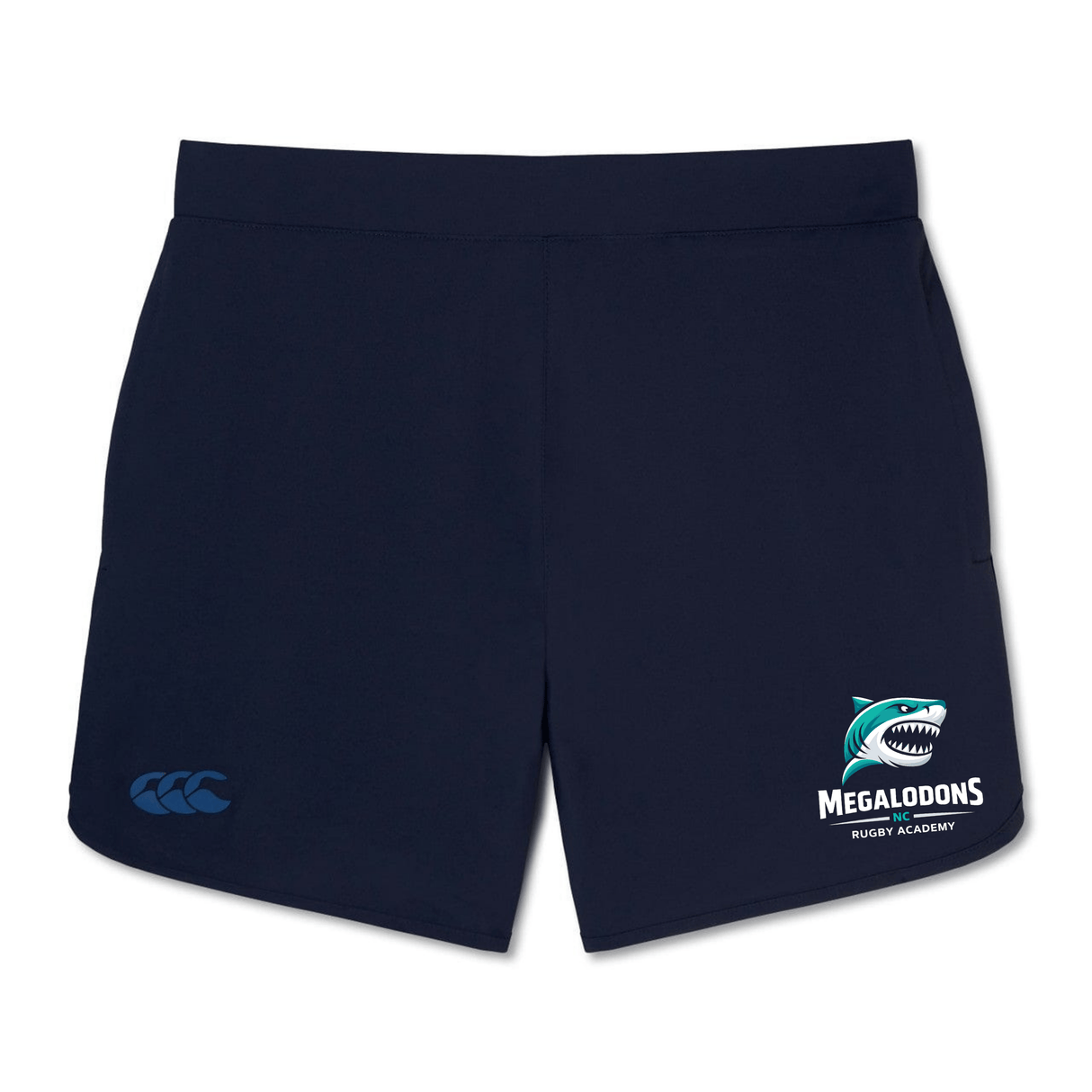 The NC Rugby Academy - Megalodons Elite Woven Short by EMB Canterbury features zippered pockets, a blue Canterbury logo, and the Megalodons Rugby Academy logo—ideal for training or daily comfort.