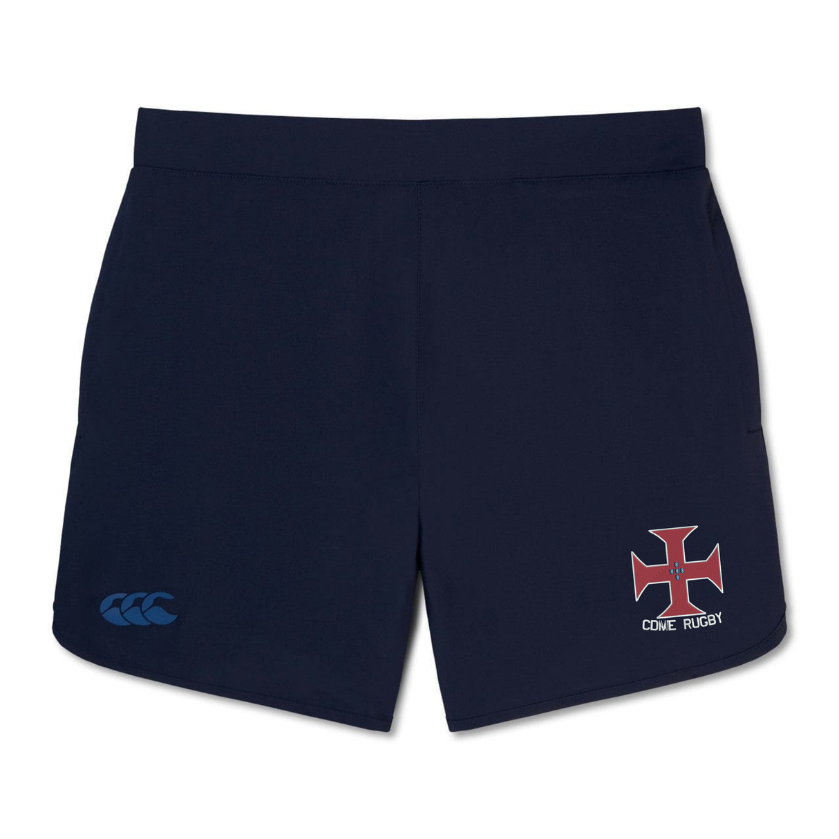 The SF CDME Rugby Elite Woven Short by EMB Canterbury showcases navy blue athletic training shorts designed in the style of the Canterbury Elite Woven Short, featuring a red and white "CDME RUGBY" cross emblem and a blue Canterbury logo on the left leg.
