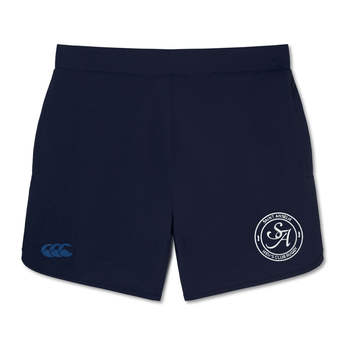 The EMB Canterbury Saint Anselm College Club Rugby Elite Woven Short features a navy design, white club logo on the right leg, blue Canterbury logo on the left, and zippered pockets—ideal training shorts for comfort and secure storage.