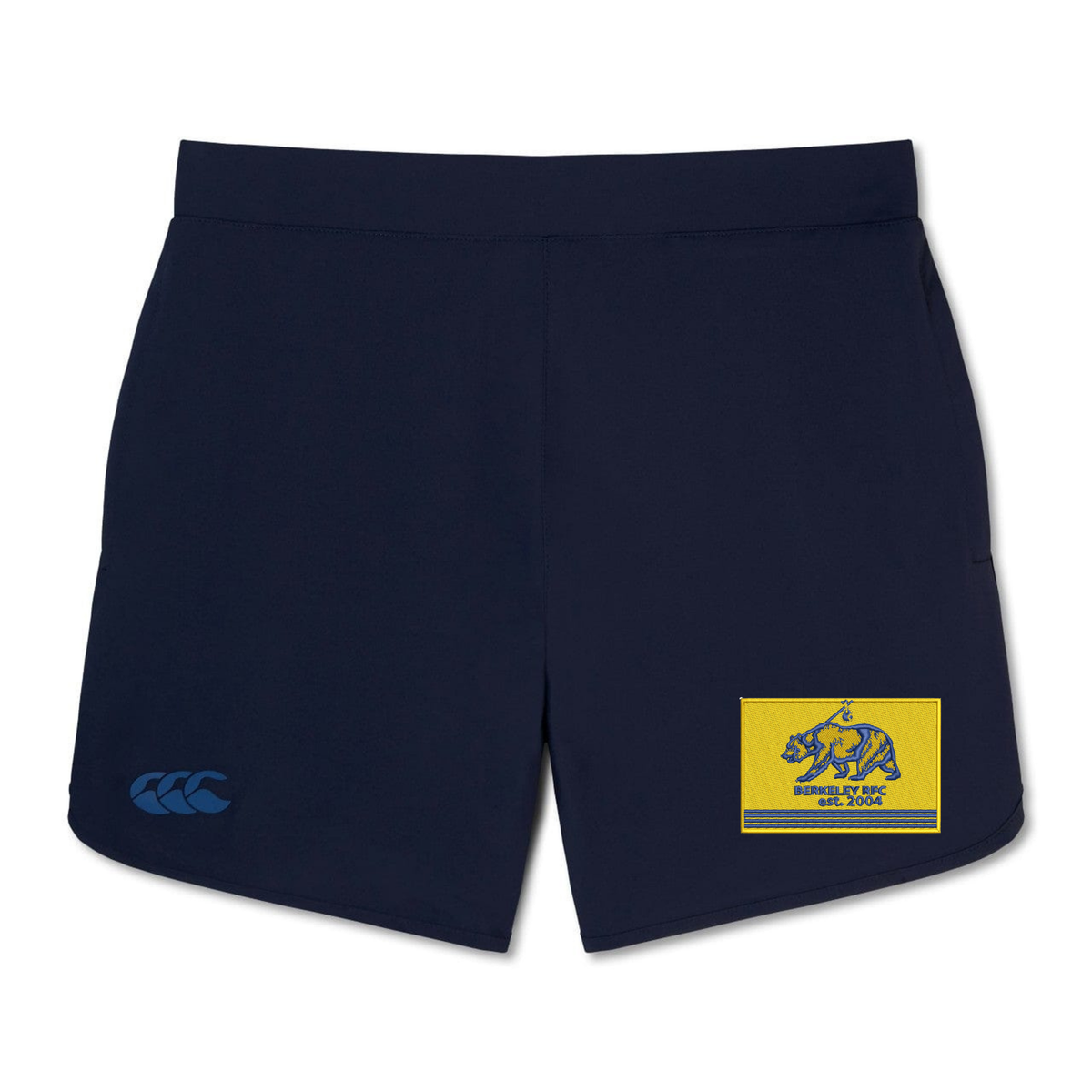 Berkeley RFC Elite Woven Short by Canterbury in navy, featuring a bear logo on a yellow rectangle patch and an EMB Canterbury brand logo on the opposite leg.