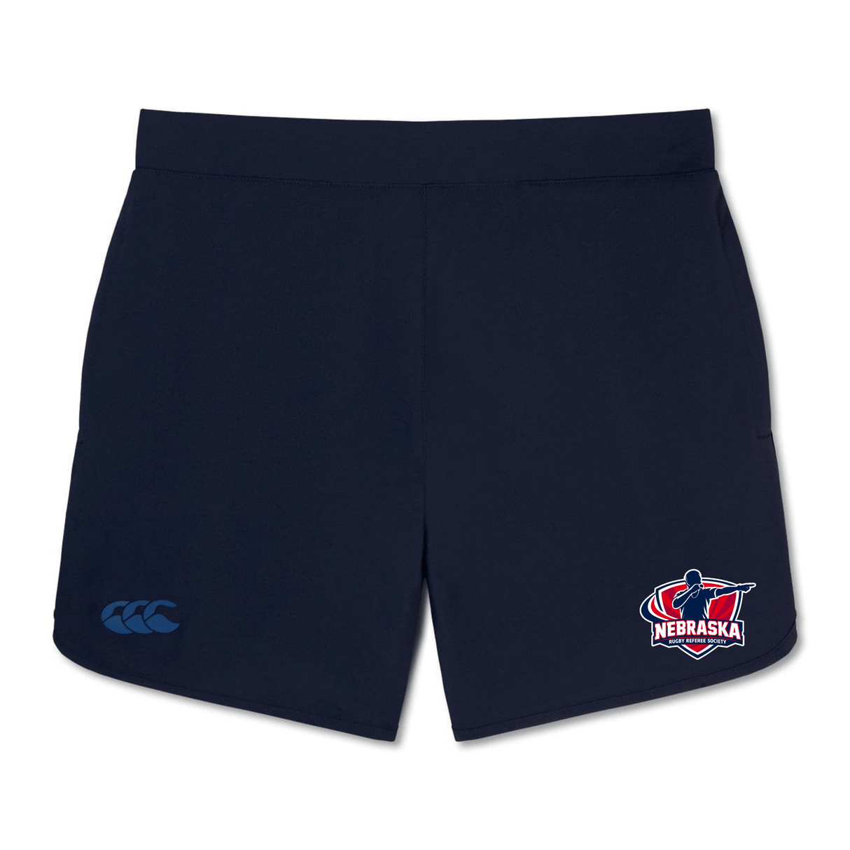 The Nebraska Rugby Referee Society Elite Woven Short by EMB Canterbury features a Nebraska logo on the right leg and a Canterbury logo on the left, ideal for training or gym use.