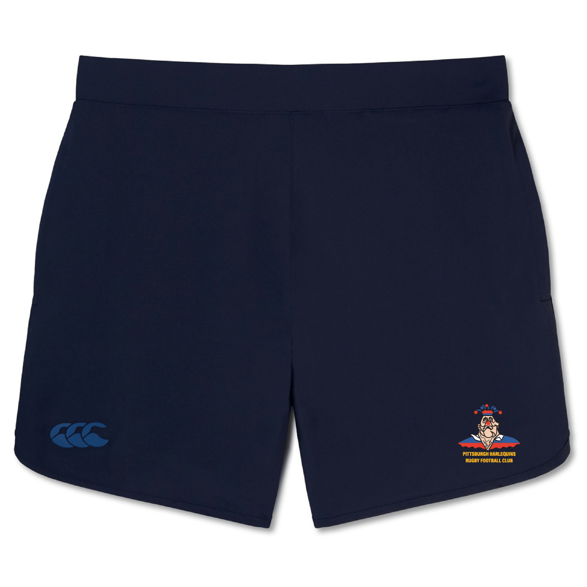 The Pittsburgh Harlequins Rugby Elite Woven Short by EMB Canterbury in navy blue showcases a small mascot logo and text on one leg, a brand logo on the other, and zippered pockets for secure storage.