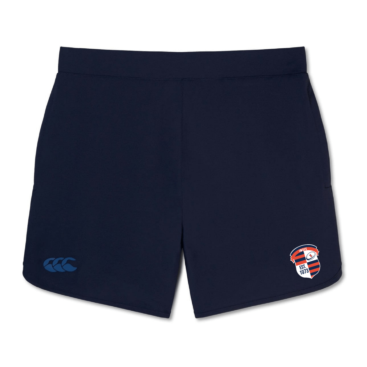 Introducing the Illinois Womens RFC Elite Woven Short by EMB Canterbury. These dark blue gym shorts offer lightweight comfort, featuring an "EST. 1873" logo on the left leg and a striking blue emblem on the right, perfect for any training session.