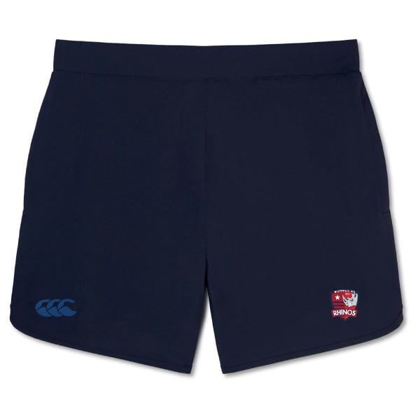 The Marysville Rhinos Elite Woven Short by EMB Canterbury, featuring the Canterbury logo on the left hem and the Rhinos logo on the right, are ideal for enhancing your training experience.
