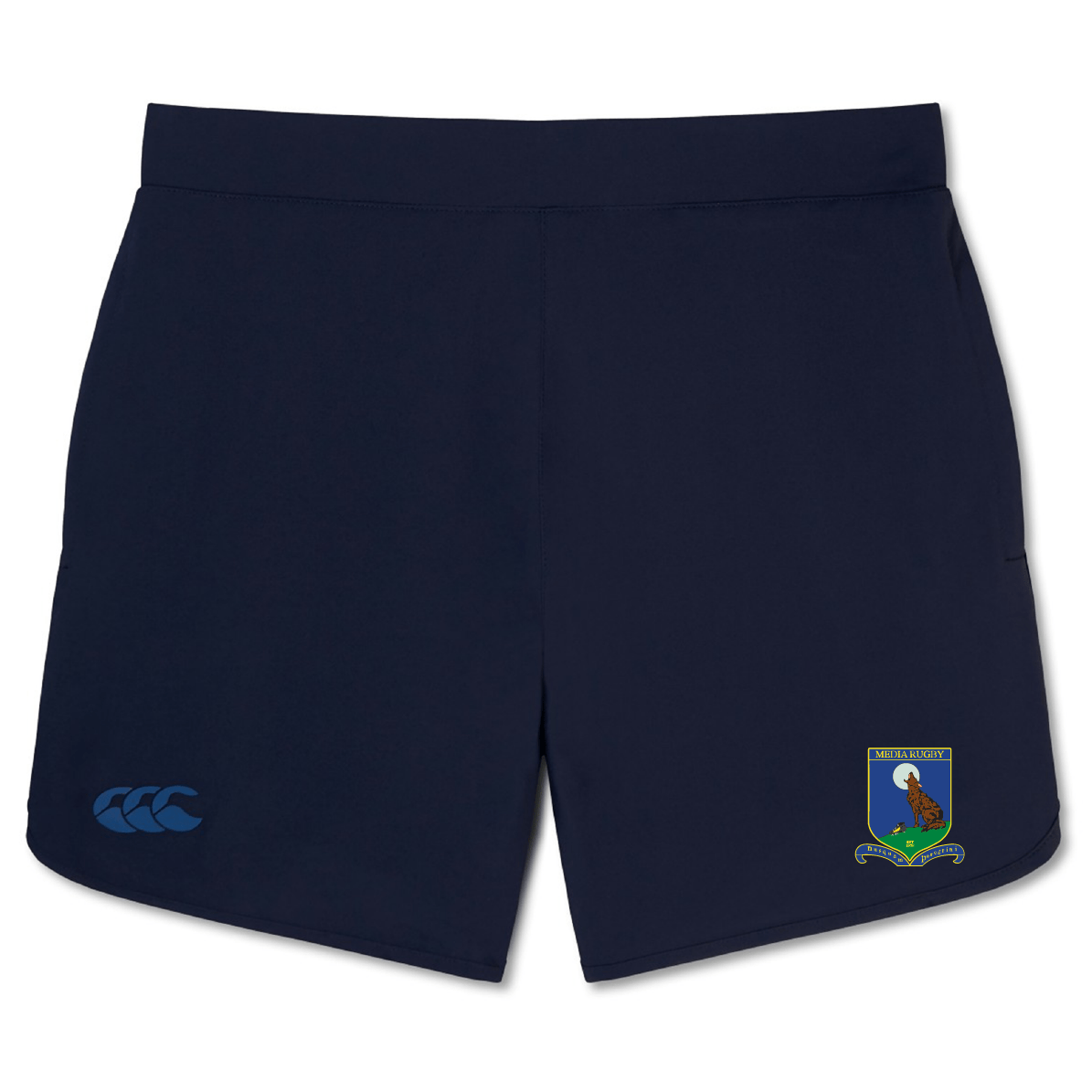 The Media Rugby Elite Woven Short by EMB Canterbury comes in navy blue and features a lion and crest logo on the left side, along with the signature Canterbury emblem on the right. These shorts are perfect for an enhanced gym training experience.
