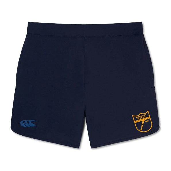 The Norfolk Blues Women's Elite Woven Short by EMB Canterbury is ideal for gym sessions, featuring a navy blue design with an embroidered orange shield emblem and small blue logo on the front.