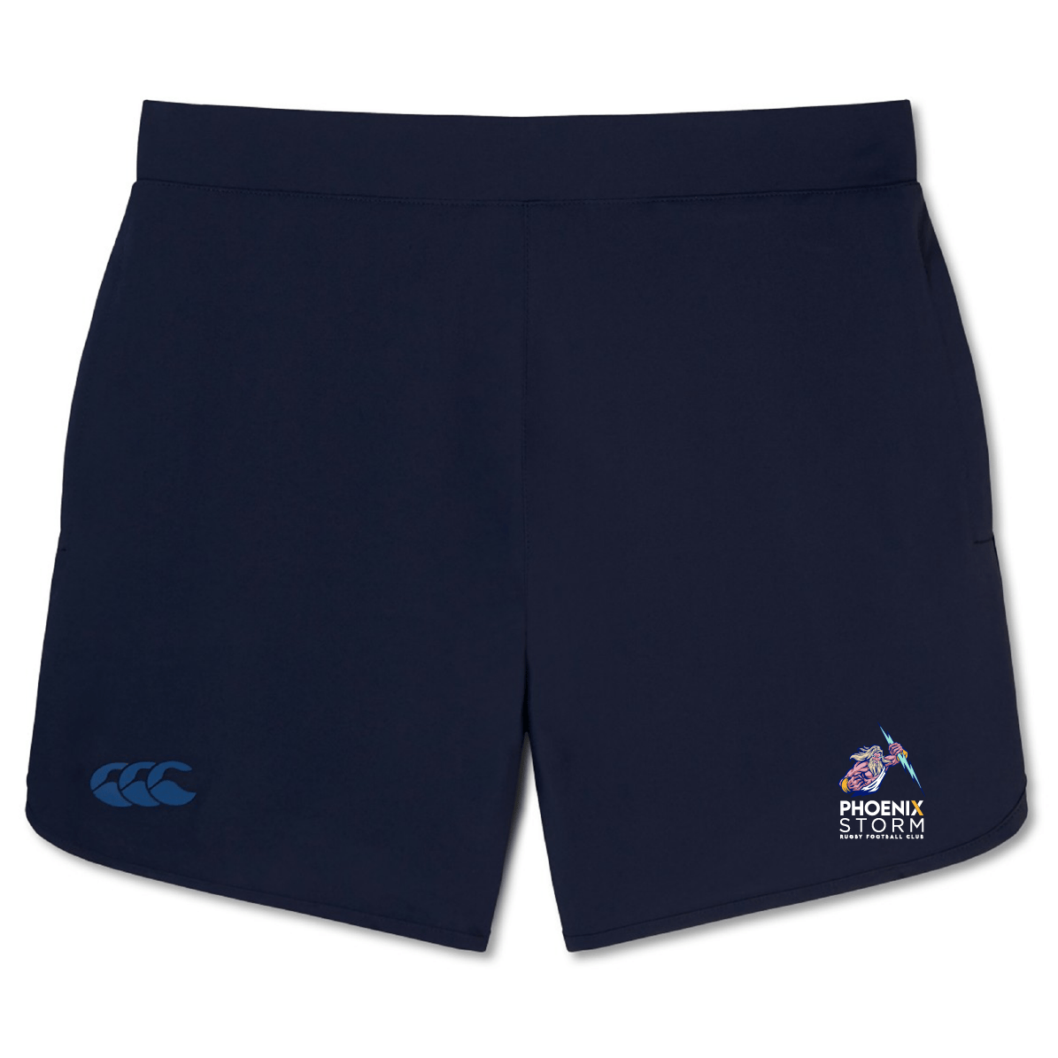 The Phoenix Storm RFC Elite Woven Short by EMB Canterbury in navy blue, adorned with the "Phoenix Storm" logo and a Canterbury logo, is perfect for enhancing your training experience.