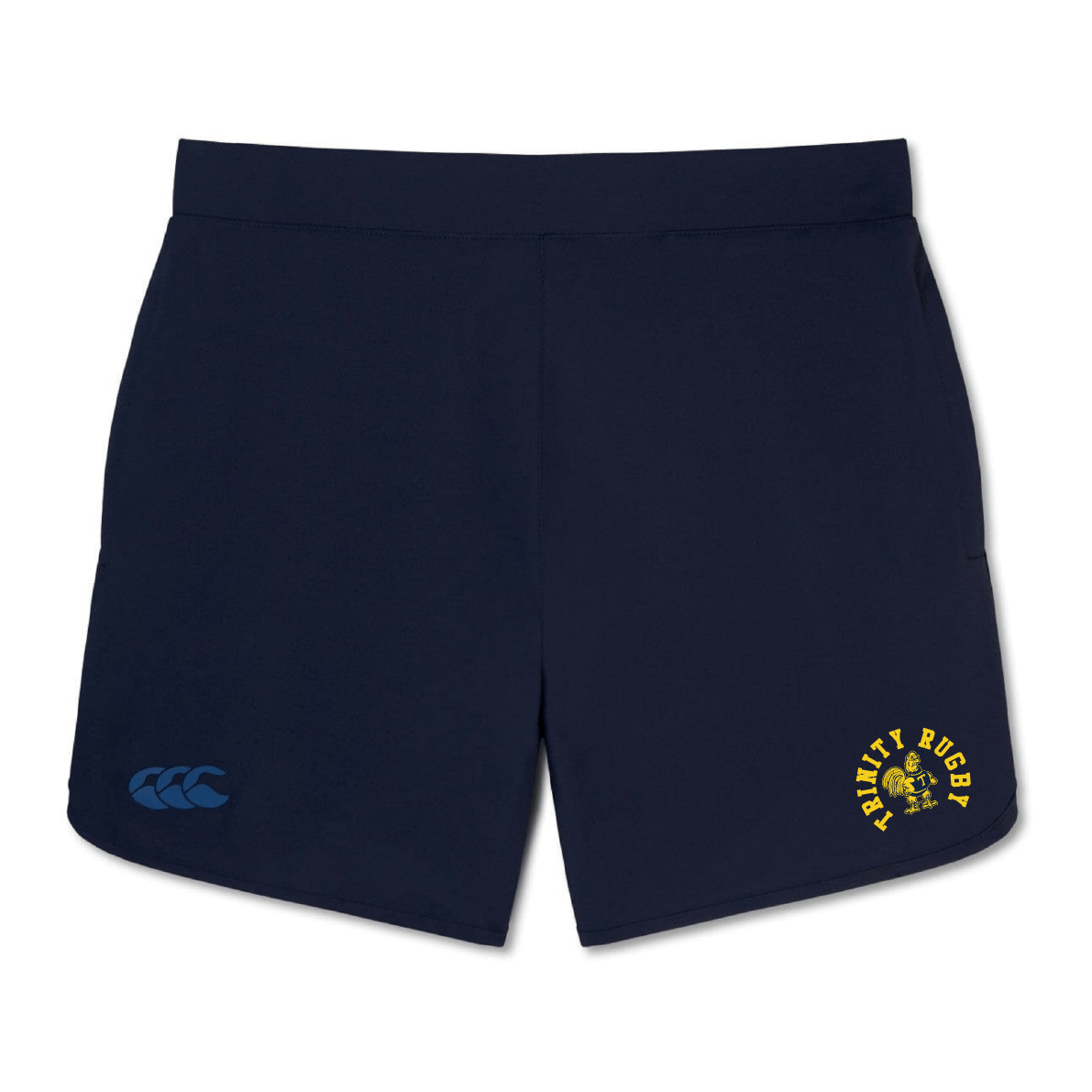 Enjoy the lightweight comfort and flexibility of the Trinity College Elite Woven Short by EMB Canterbury. These dark navy athletic shorts feature a blue logo on the left and a yellow "Trinity Rugby" emblem on the right, making them perfect for any workout. Designed to move with you, these gym shorts will enhance your performance.