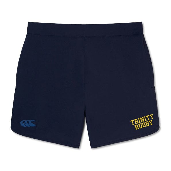 The Trinity College Women's Elite Woven Shorts by Canterbury feature navy blue fabric, "Trinity Rugby" in yellow text on the right leg, and a blue logo on the left leg.