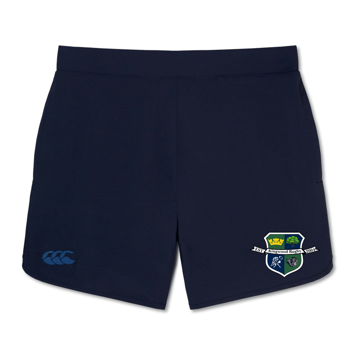 The Kingwood Rugby Elite Woven Short by EMB Canterbury is navy blue with a blue Canterbury logo on the left leg and a white-and-blue embroidered school crest on the right.