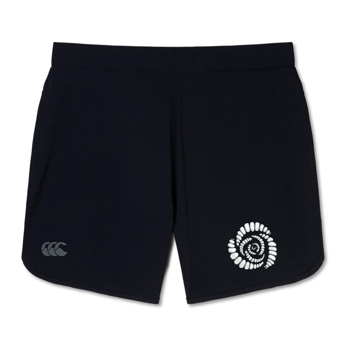 The Missoula All-Maggots Elite Woven Short by EMB Canterbury features a white spiral shell design on the right leg and a small logo on the left leg, convenient zippered pockets, and is displayed on a white background.