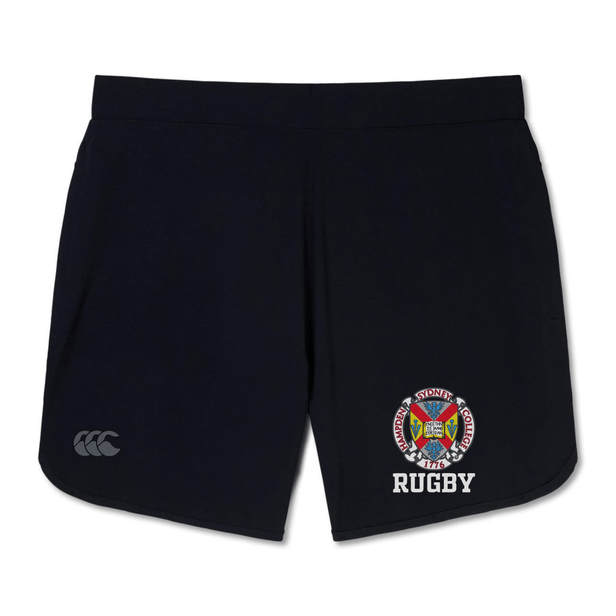 The Hampden Sydney College Elite Woven Short by Canterbury features a black design with the college crest and the word "RUGBY" printed on the left leg, making it perfect for elevating your training experience.
