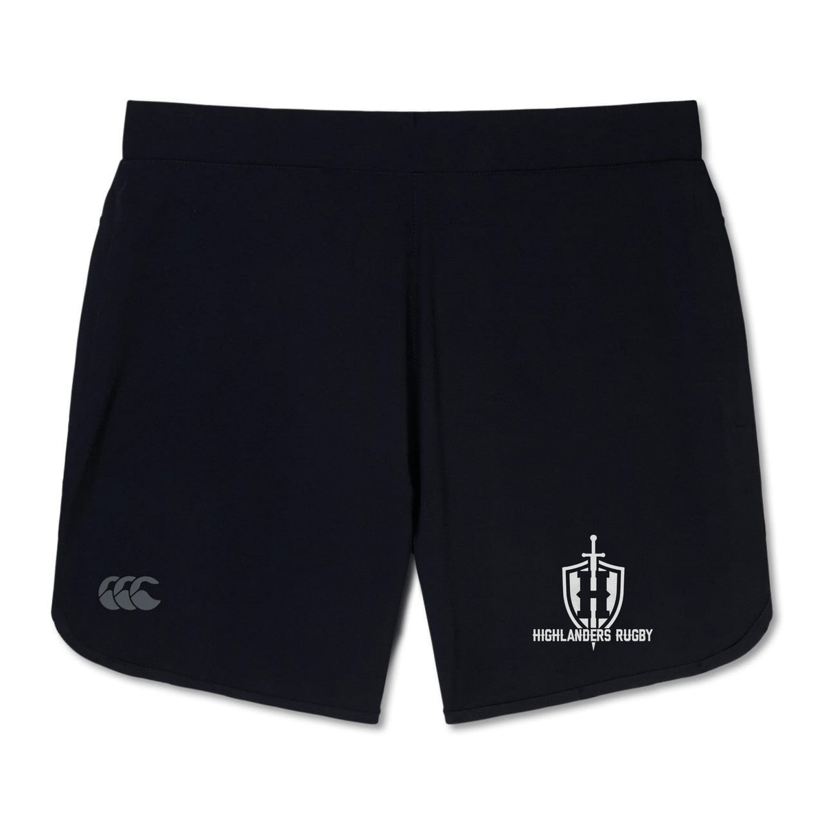 The Highlanders Rugby NC Women's Elite Woven Shorts by EMB Canterbury are durable and comfortable black rugby shorts that feature the Canterbury logo on the left leg and the Highlanders Rugby logo on the right leg. These versatile gym shorts are perfect for any workout.