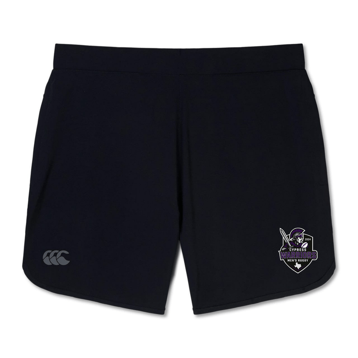 Cypress Warriors Men's Rugby Elite Woven Shorts by EMB Canterbury feature a small Canterbury logo on the left leg and a purple Cypress Warriors team emblem on the right leg.