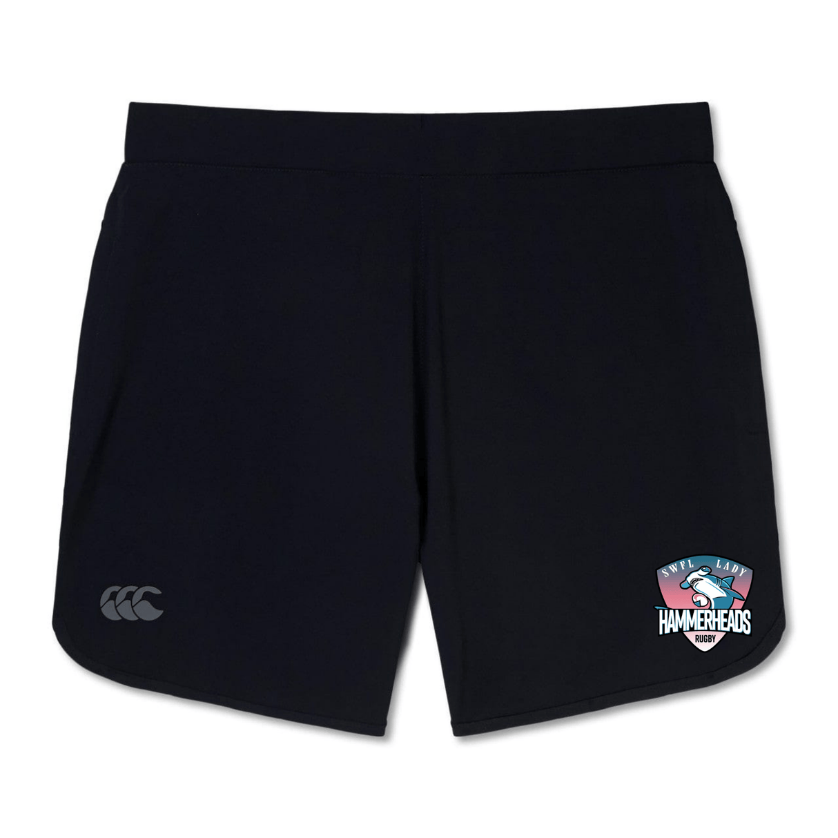 The SWFL Lady Hammerheads Elite Woven Short by WRS Canterbury features a small "Canterbury" logo on the left leg, an "Ovil Run Hammerheads Rugby" badge on the right, and zippered pockets for secure storage during workouts.