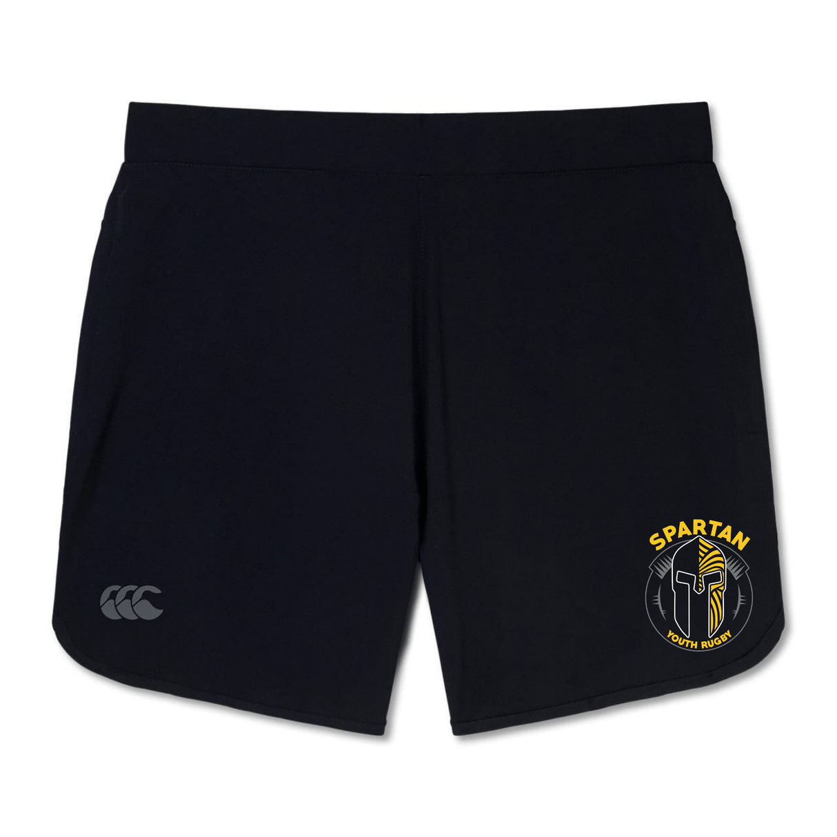 The Spartan Youth Rugby Elite Woven Short by EMB Canterbury features a Spartan logo on the right leg, a small Canterbury logo on the left, and zippered pockets for secure storage during training.