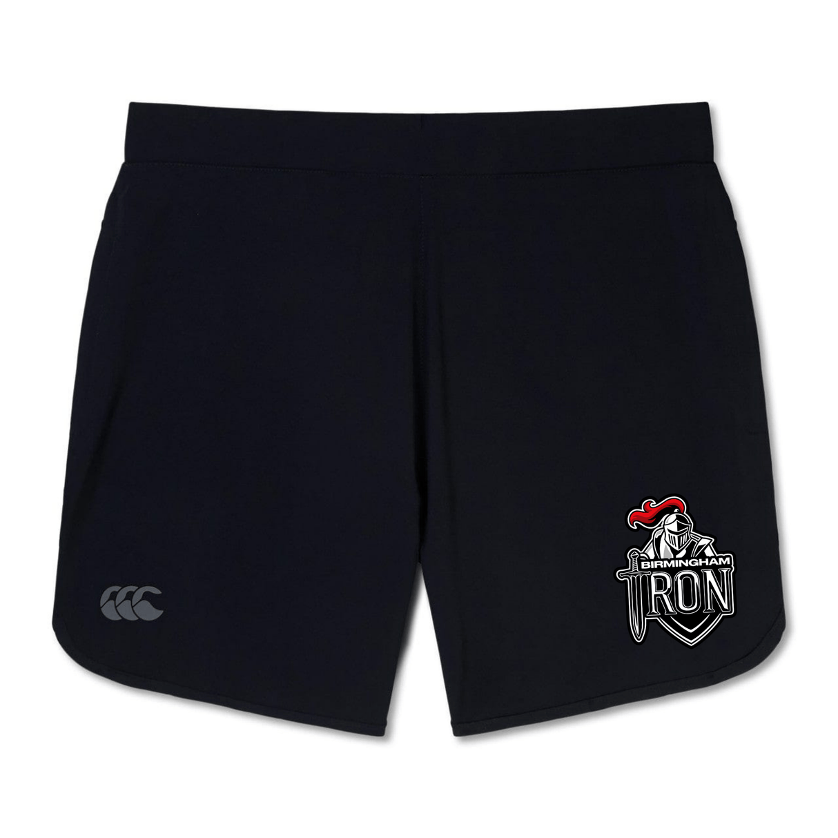 The Birmingham Iron Women’s Football Elite Woven Short by EMB Canterbury features a white Canterbury logo, Birmingham Iron knight graphic, and zippered pockets—ideal for training and an active lifestyle.