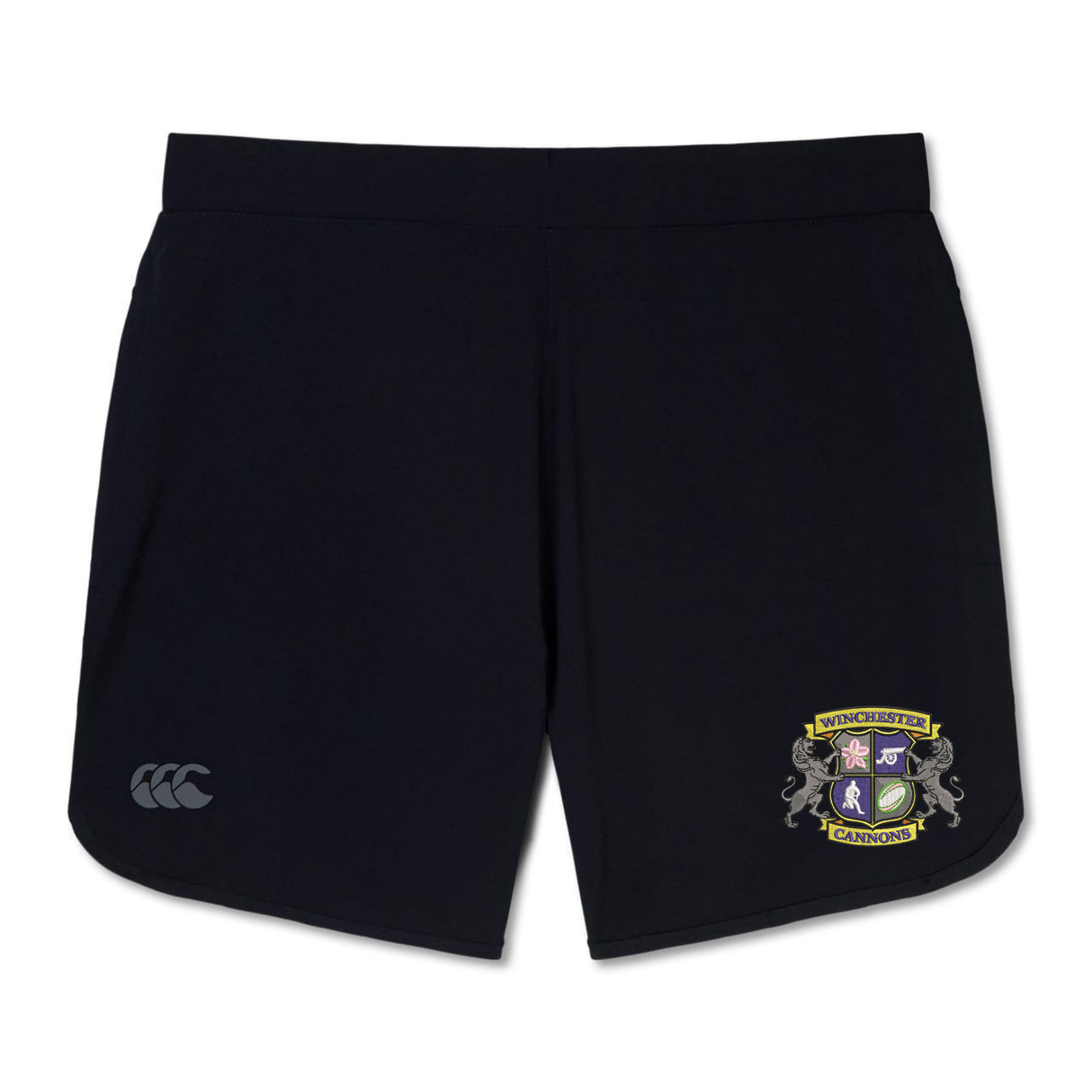 The Winchester Cannons Elite Woven Short by EMB Canterbury features a white Canterbury logo, a Winchester Cannons crest, and zippered pockets—ideal training shorts for athletes.